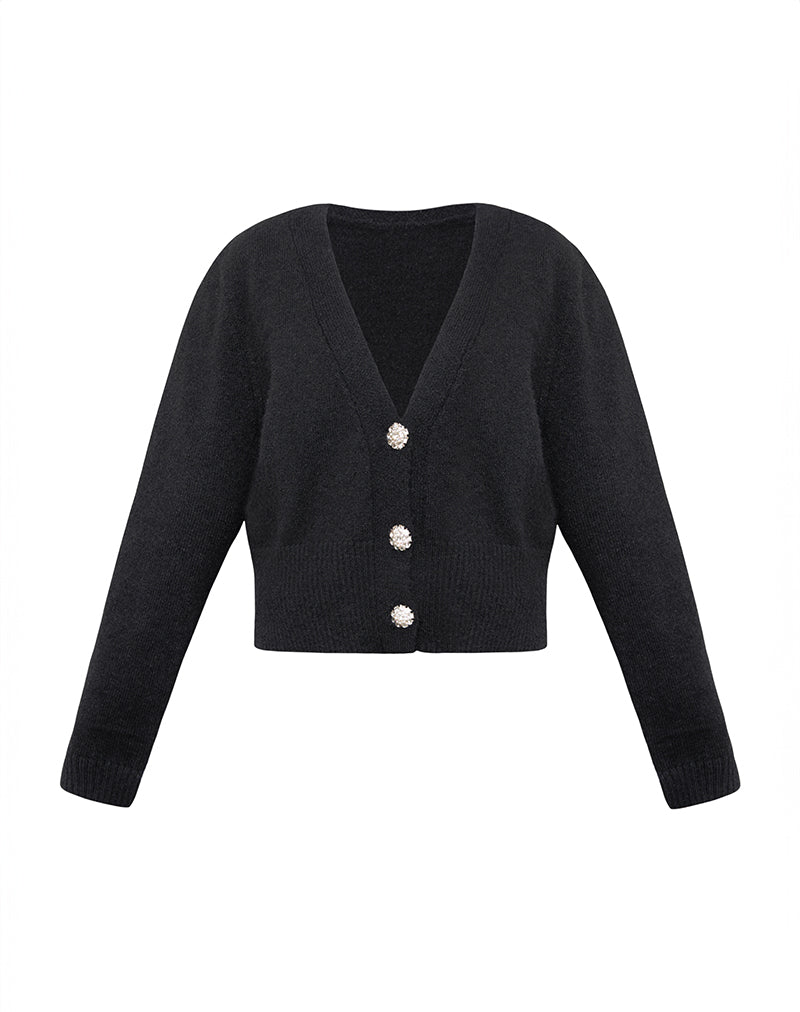 Acera Knitted Cardigan in Black with Silver Flower Buttons