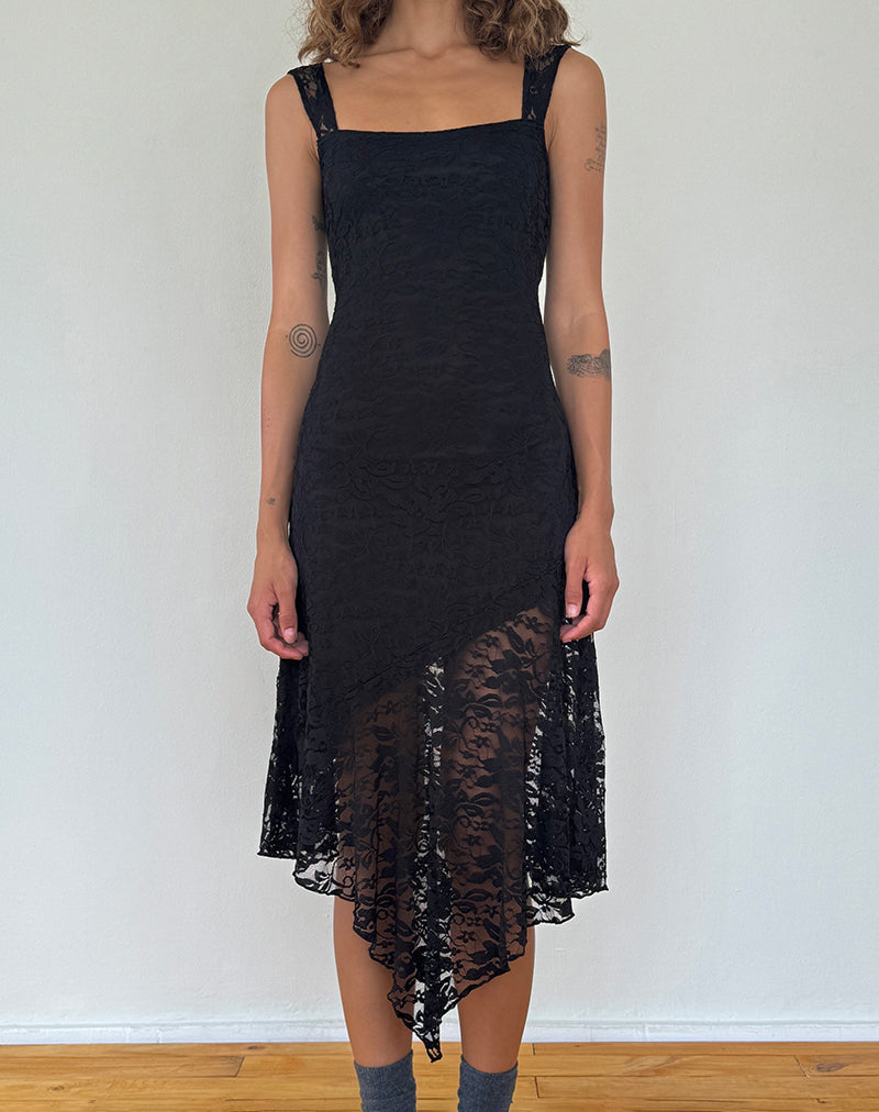 Adeliza Asymmetric Midi Dress in Floral Lace Jet Black