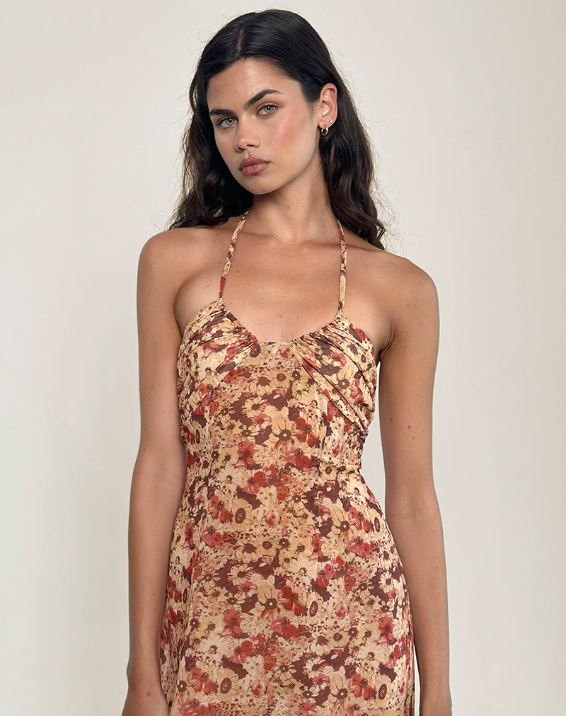 Alette Halterneck Maxi Dress in Chiffon Rusty Flower