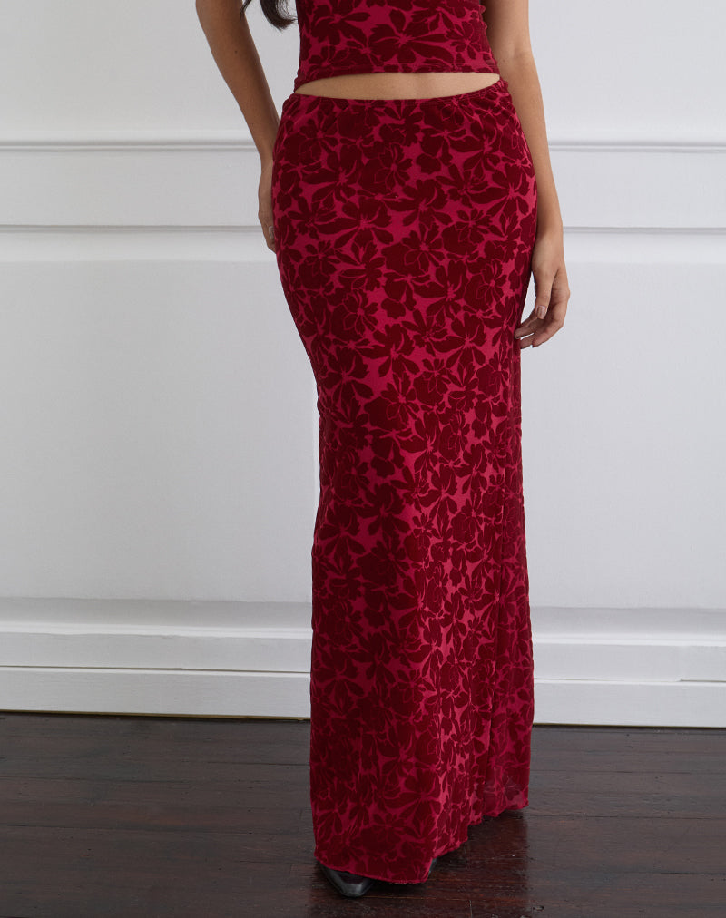 Alfreda Maxi Skirt in Flocked Mesh Flower Cherry