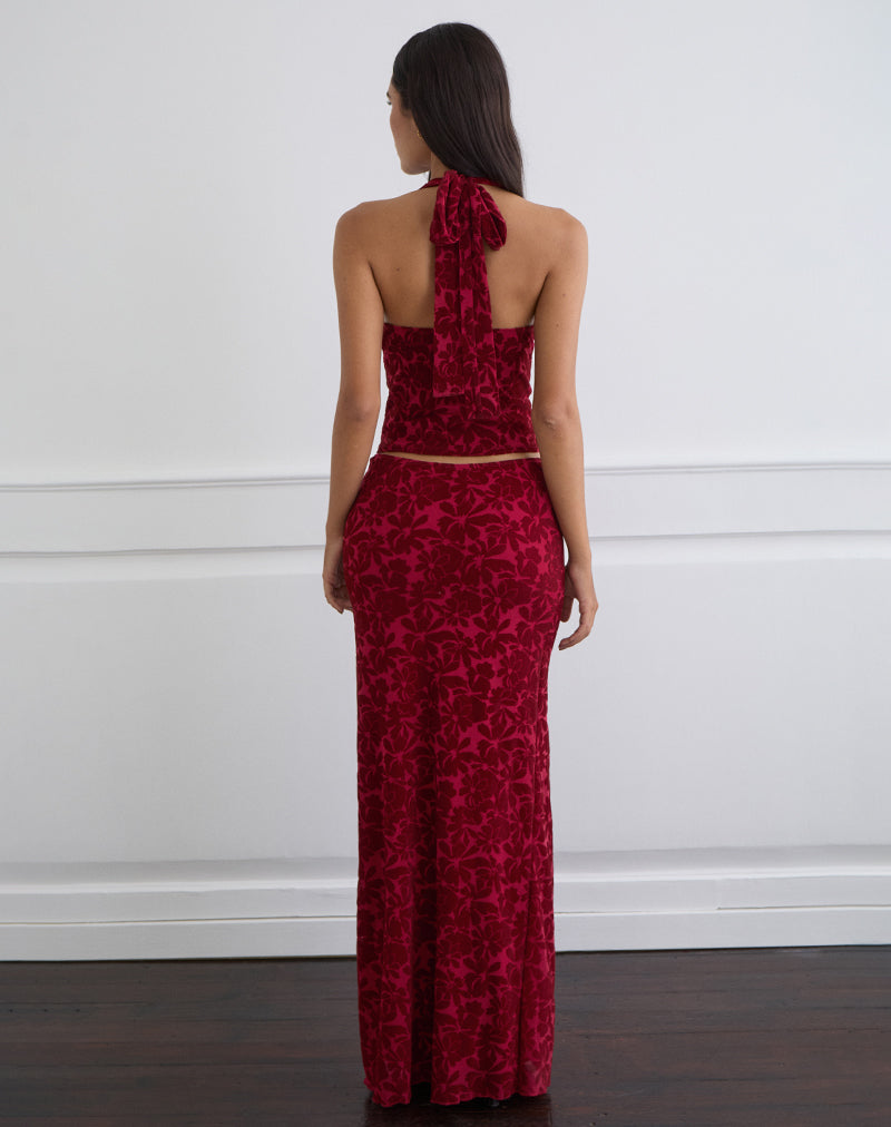 Alfreda Maxi Skirt in Flocked Mesh Flower Cherry