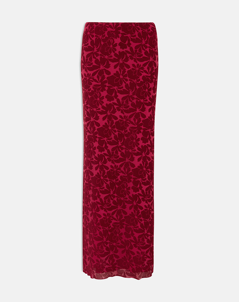 Alfreda Maxi Skirt in Flocked Mesh Flower Cherry