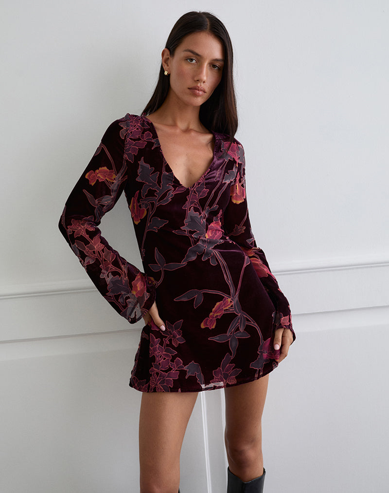 Alitra Mini Dress in Floral Devore Burgundy