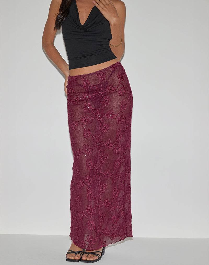 Alphia Maxi Skirt in Sequin Knit Burgundy