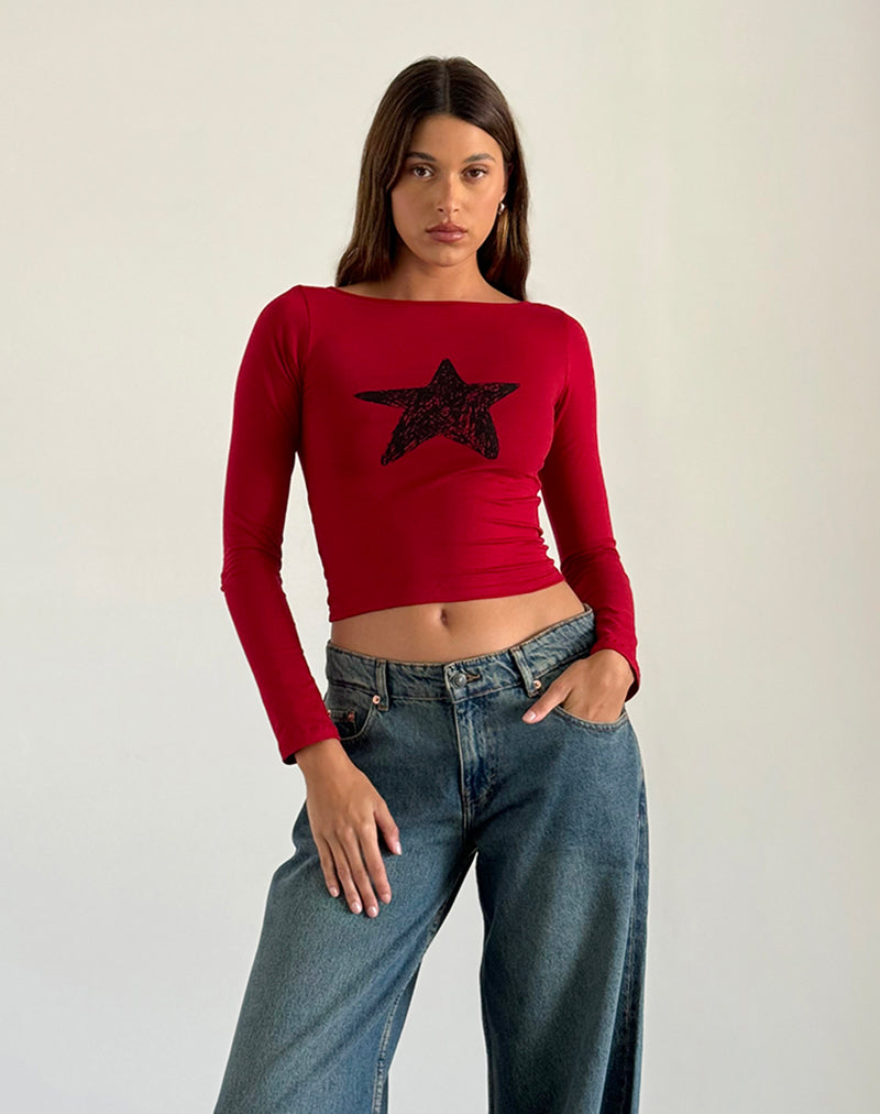 Amabon Long Sleeve Top in Adrenaline Red with Black Star