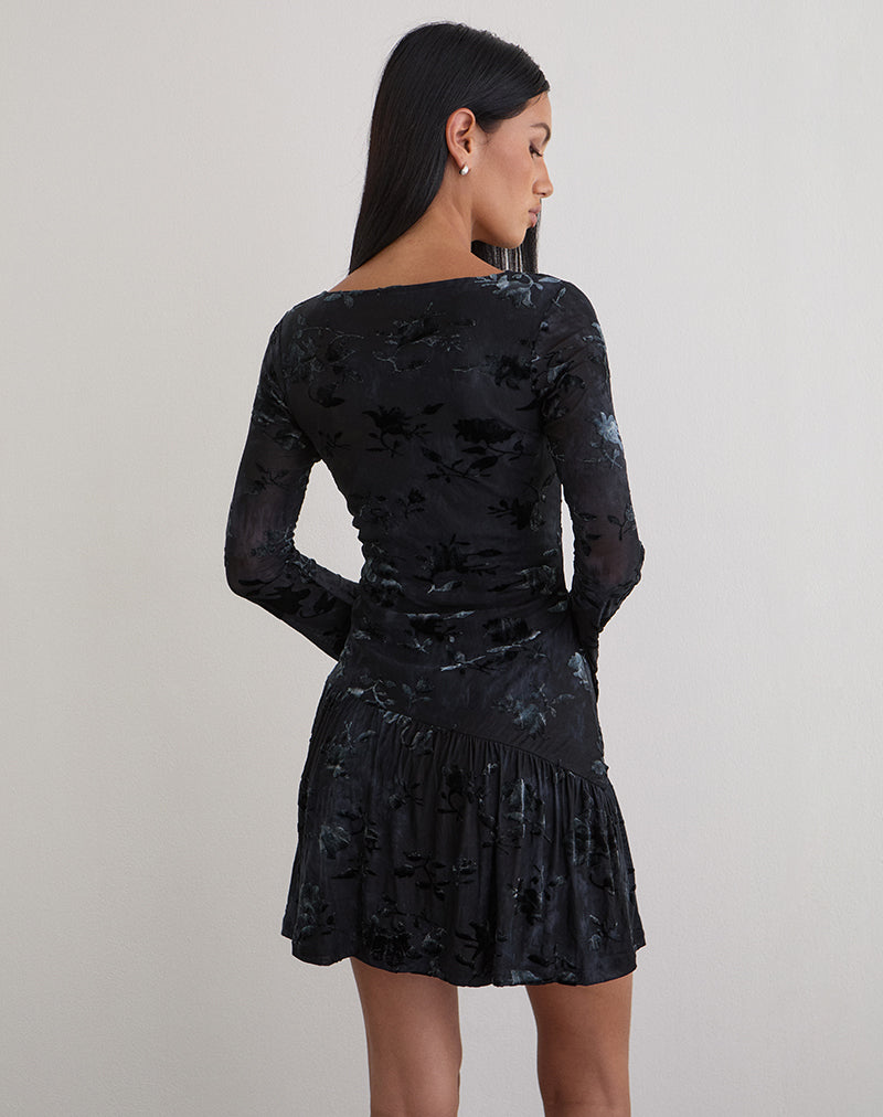 Anyeli Mini Dress in Leaf Velvet Dark Blue