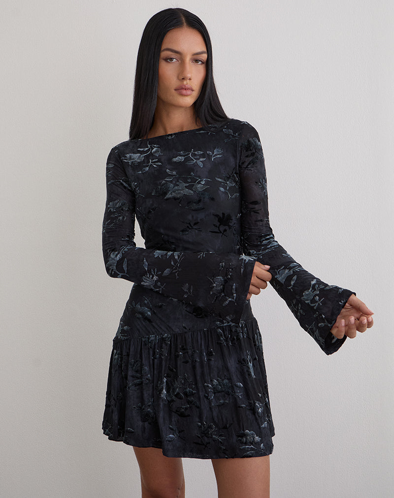 Anyeli Mini Dress in Leaf Velvet Dark Blue