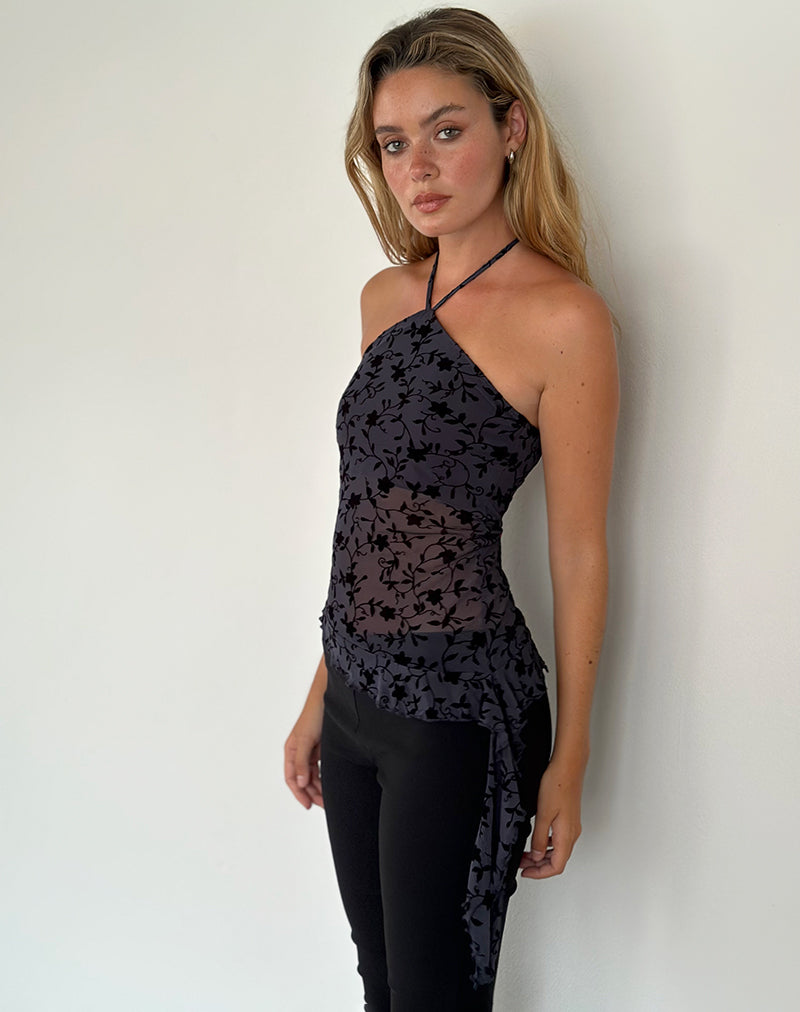 Arabella Halterneck Top in Pretty Petal Flock Navy
