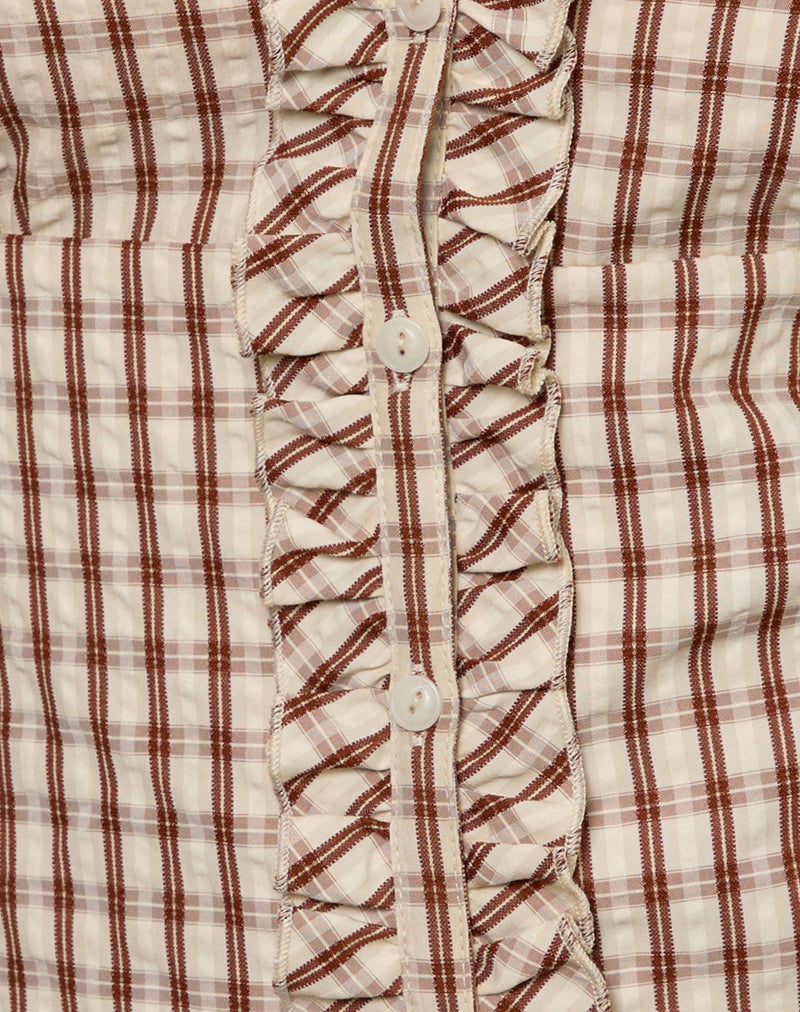 Arla V Neck Blouse in Brown Check