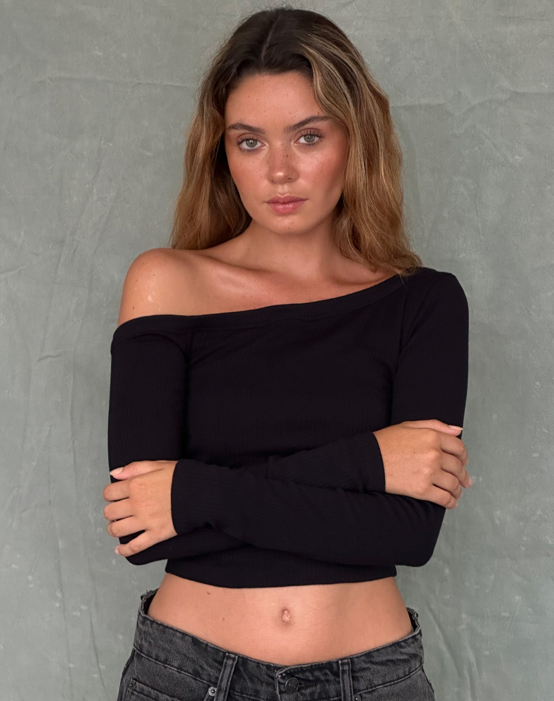 Ashia Asymmetric Long Sleeve Top in Black Super Soft Thick Rib
