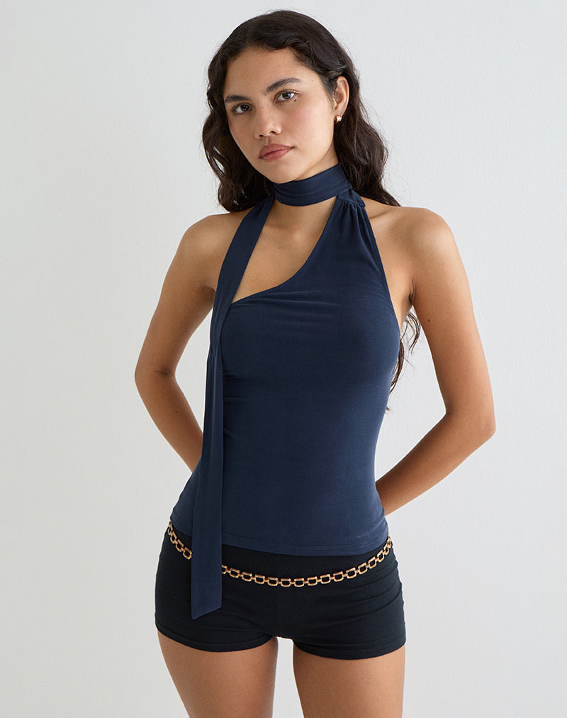 Aspyn High Neck Tie Top in Cupro Navy