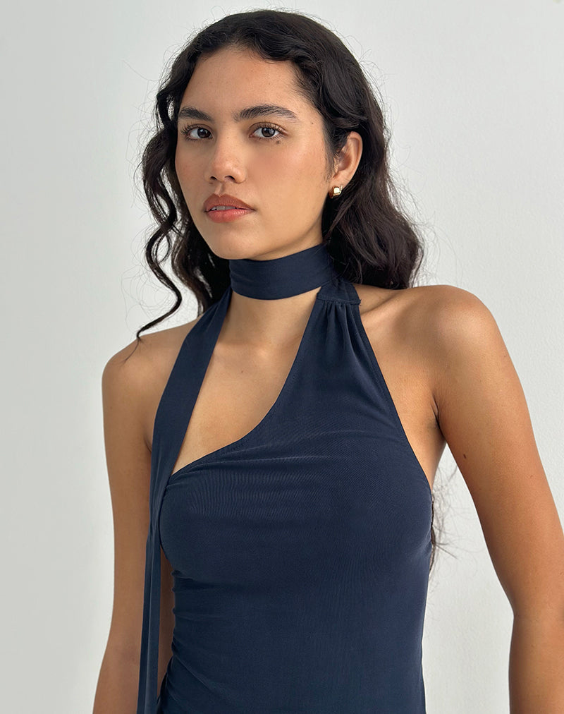 Aspyn High Neck Tie Top in Cupro Navy