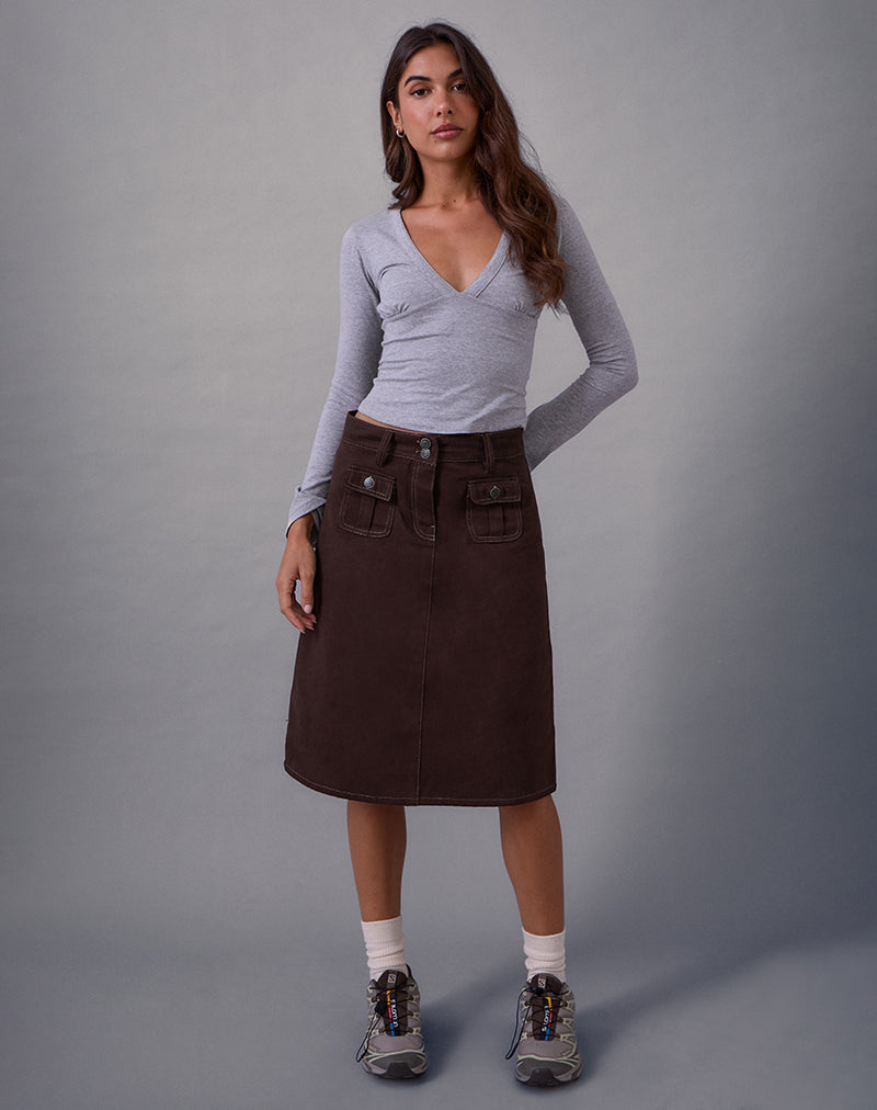 Astor Midi Skirt in Brown with Contrast Stitch