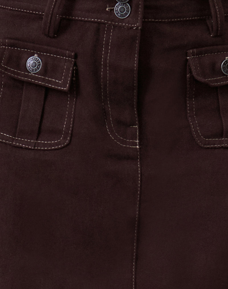 Astor Midi Skirt in Brown with Contrast Stitch