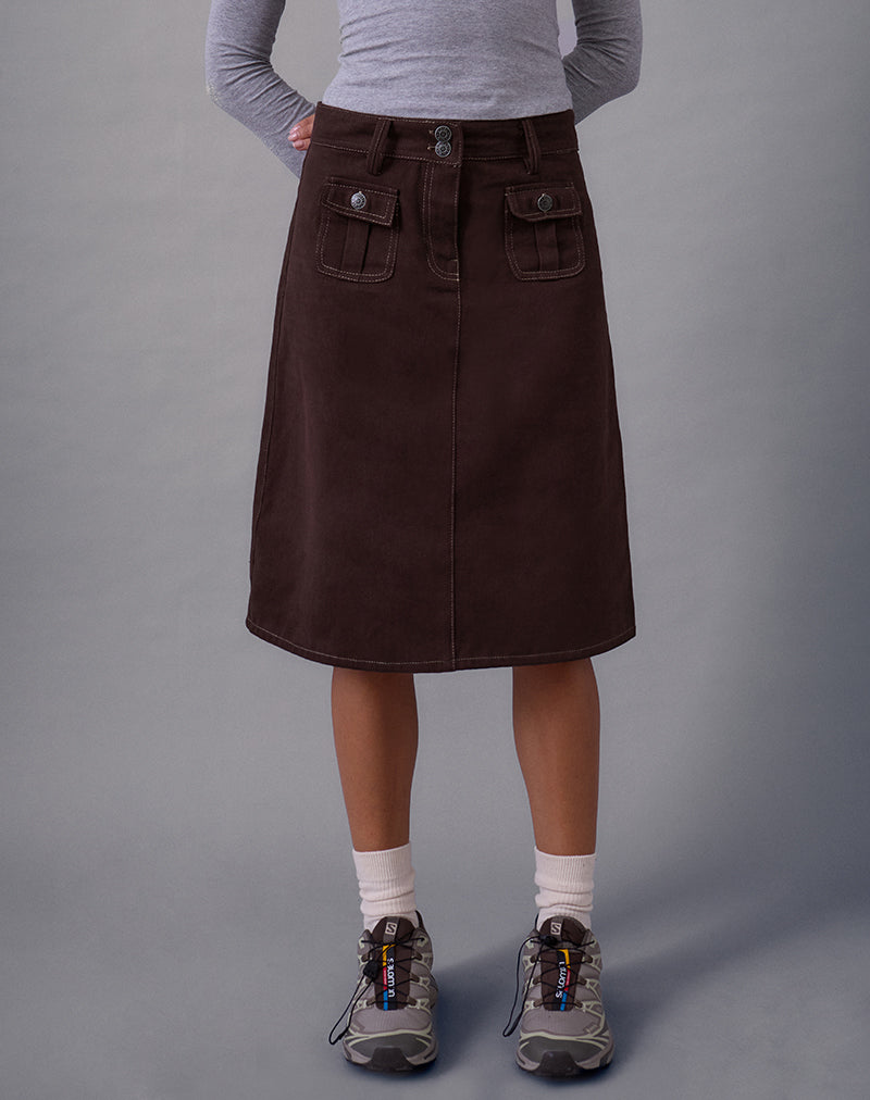 Astor Midi Skirt in Brown with Contrast Stitch