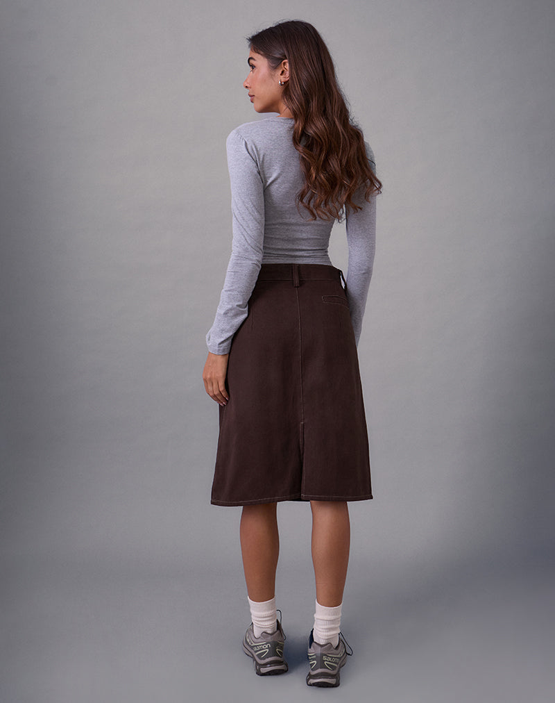 Astor Midi Skirt in Brown with Contrast Stitch