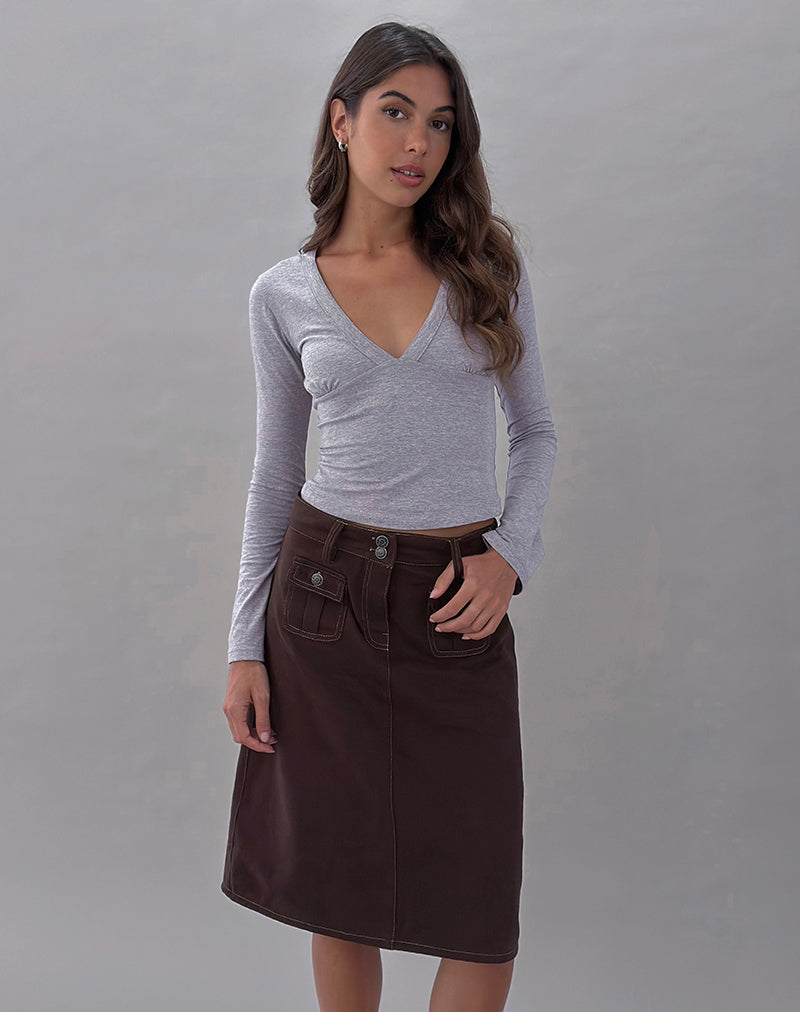 Astor Midi Skirt in Brown with Contrast Stitch