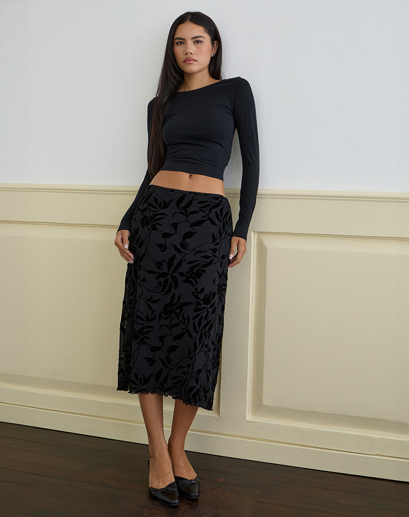 Atira Midi Skirt in Flock Leaf Flower Black