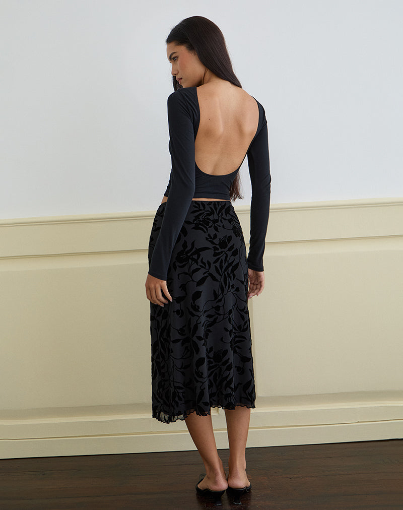 Atira Midi Skirt in Flock Leaf Flower Black