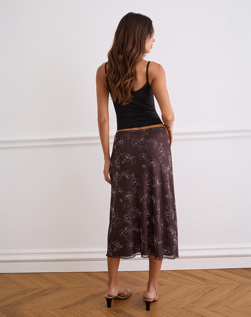 Atira Midi Skirt in Doodle Flower Flock Brown