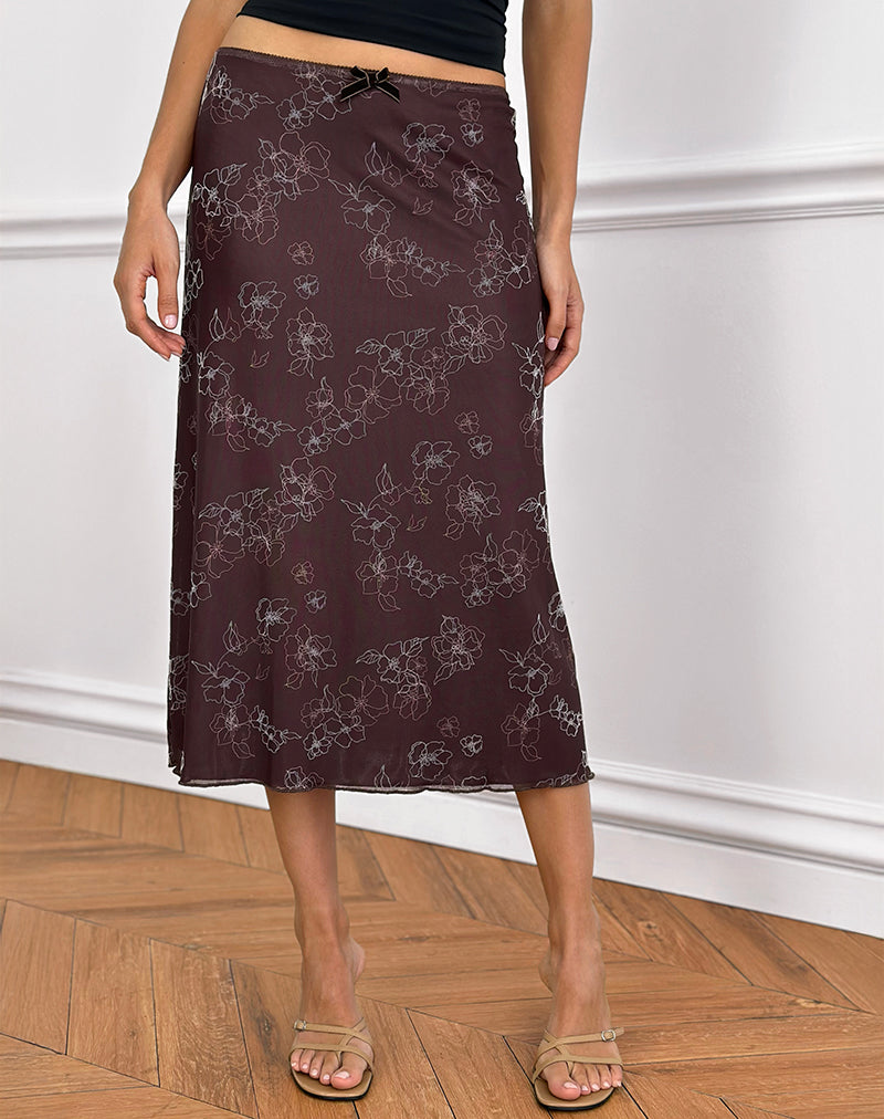 Atira Midi Skirt in Doodle Flower Flock Brown