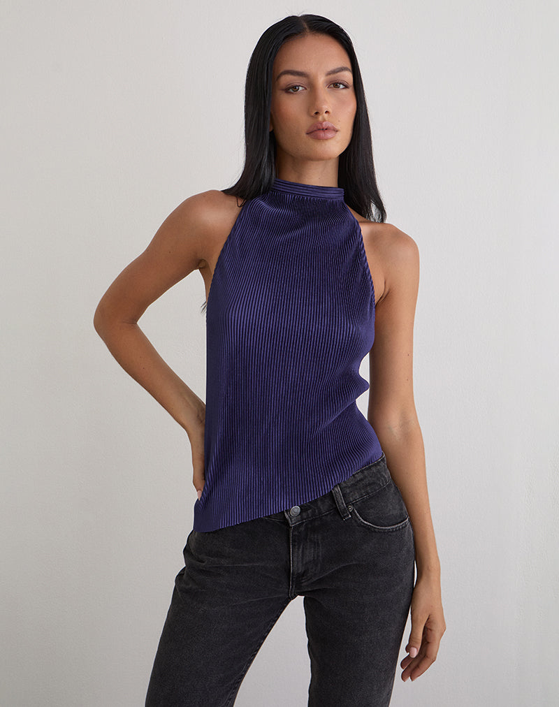 Atsila High Neck Sleeveless Top in Plisse Navy
