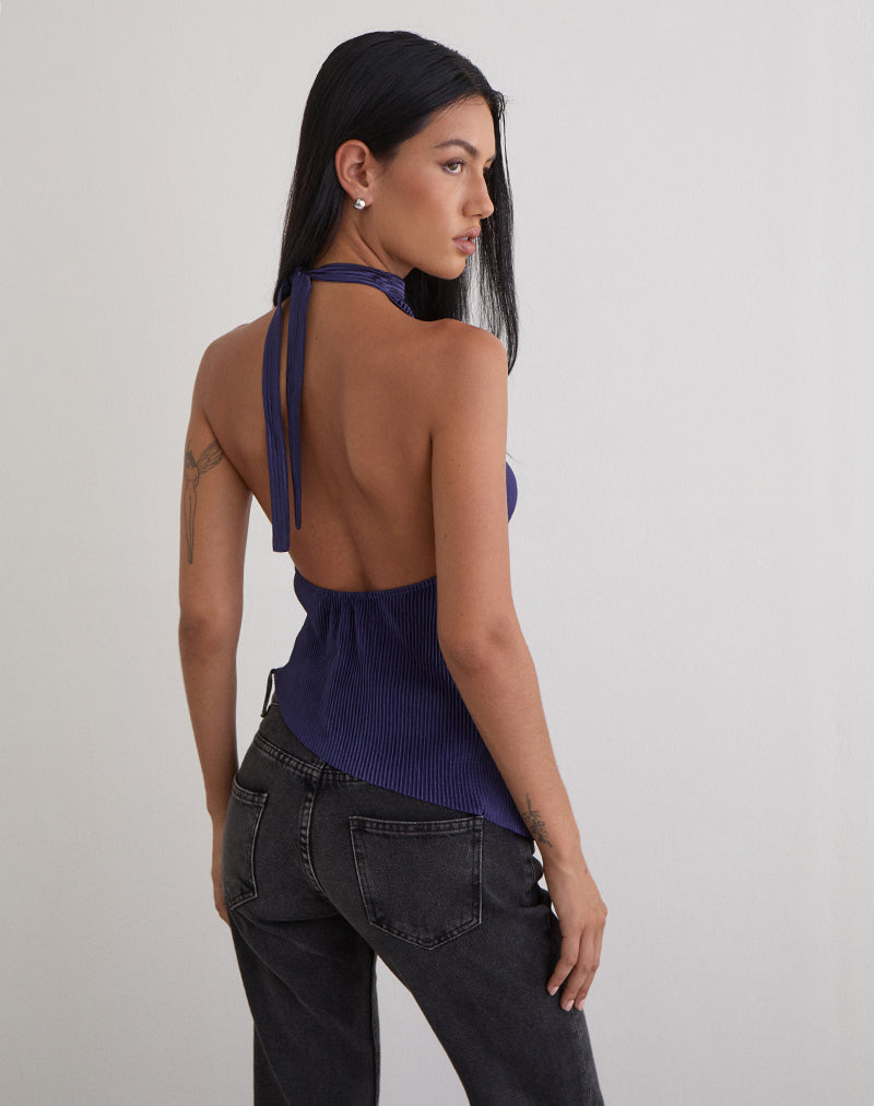 Atsila High Neck Sleeveless Top in Plisse Navy