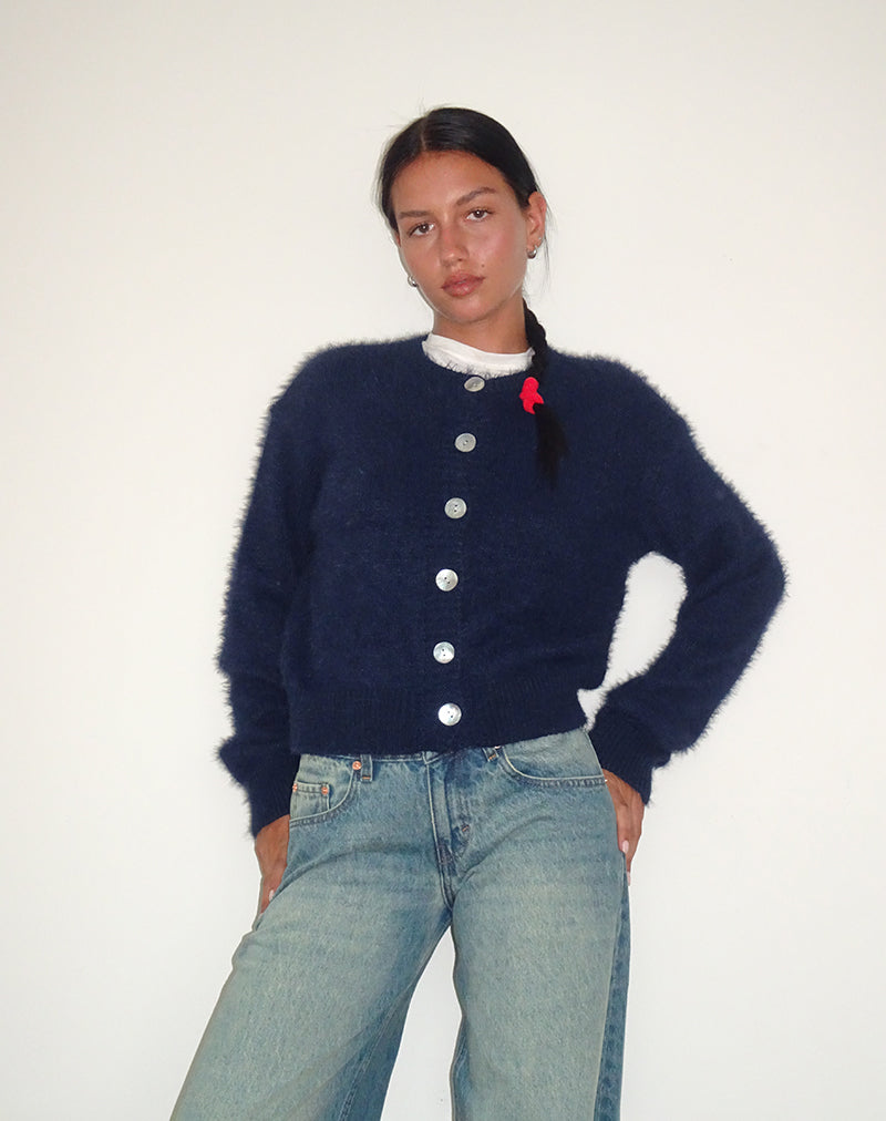 Audrina Cardigan In Fluffy Knit Navy