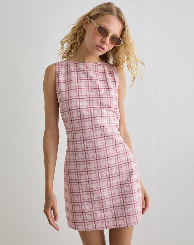 Ayana Backless Mini Dress in Basic Tartan Pink