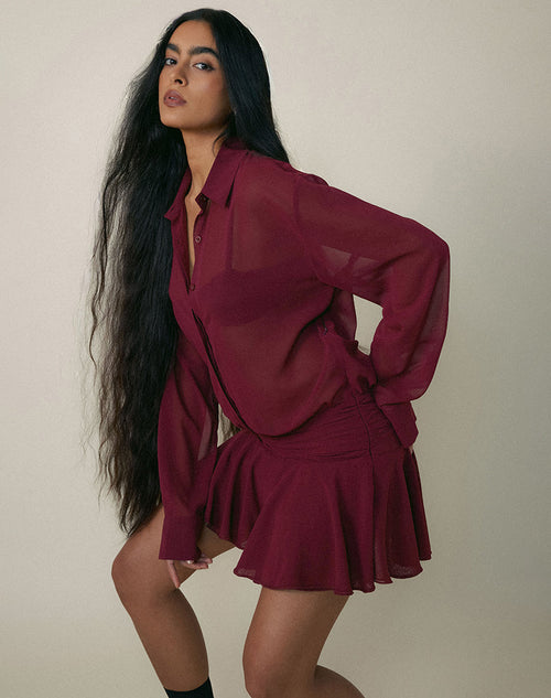 Azphira Long Sleeve Button Up Playsuit in Burgundy