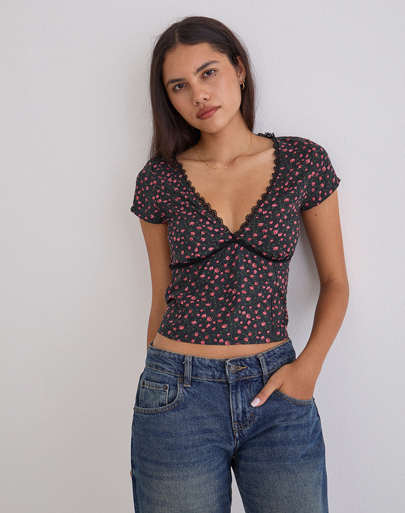Asani Top in Dark Pink Rose Black