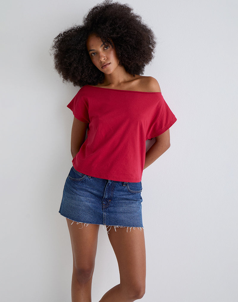 Balia Asymmetric Short Sleeve Basic Top in Adrenaline Red