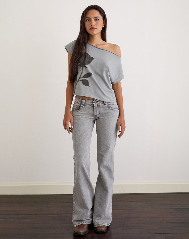 Balia Asymmetric Short Sleeve Basic Top in Grey with Blurred Rose Print