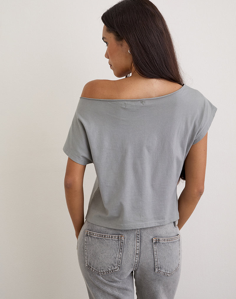 Balia Asymmetric Short Sleeve Basic Top in Grey with Blurred Rose Print