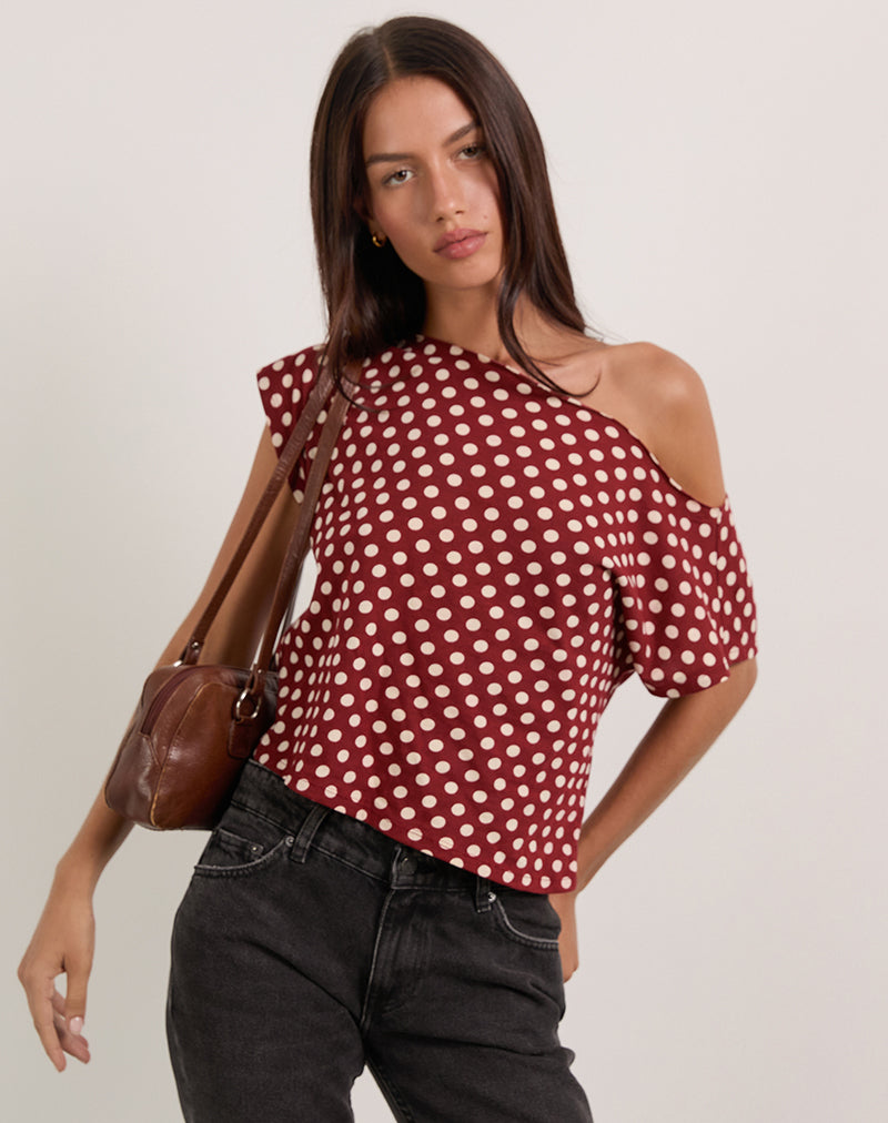 Balia Asymmetric Short Sleeve Top in Polka Wine