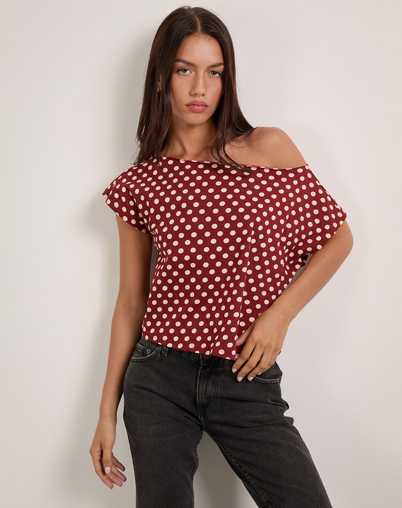 Balia Asymmetric Short Sleeve Top in Polka Wine
