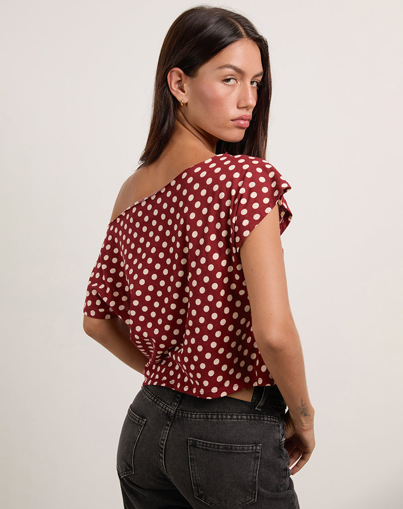Balia Asymmetric Short Sleeve Top in Polka Wine