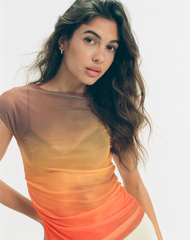 Bastille Top in Mesh Printed Orange Sunset