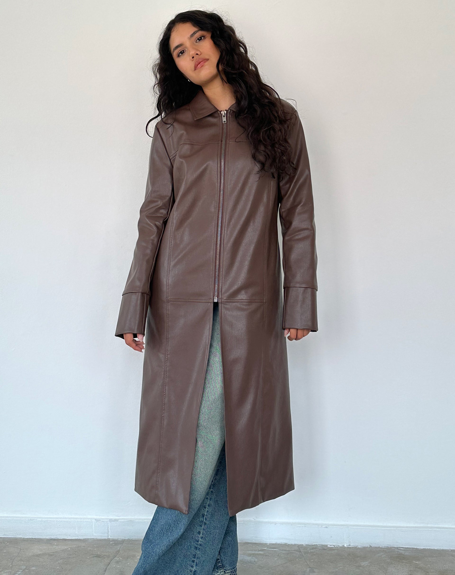 Berlin PU Trench Coat in Dark Brown