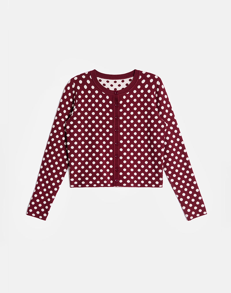 Bhavina Cardigan in Burgundy with Cream Polka Print