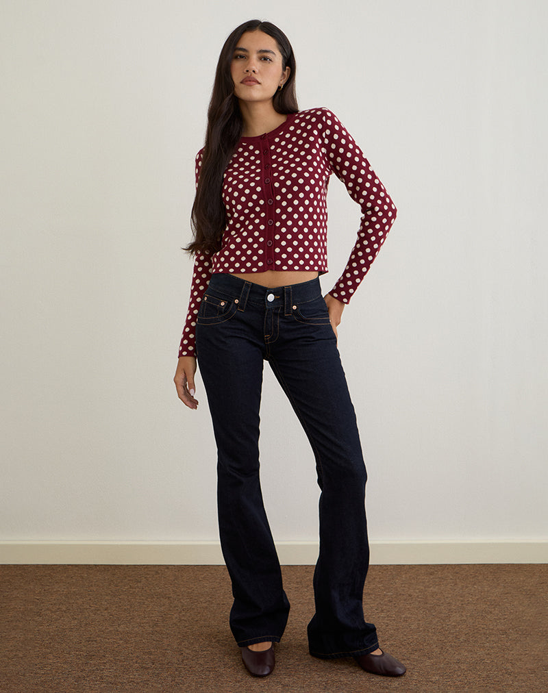 Bhavina Cardigan in Burgundy with Cream Polka Print