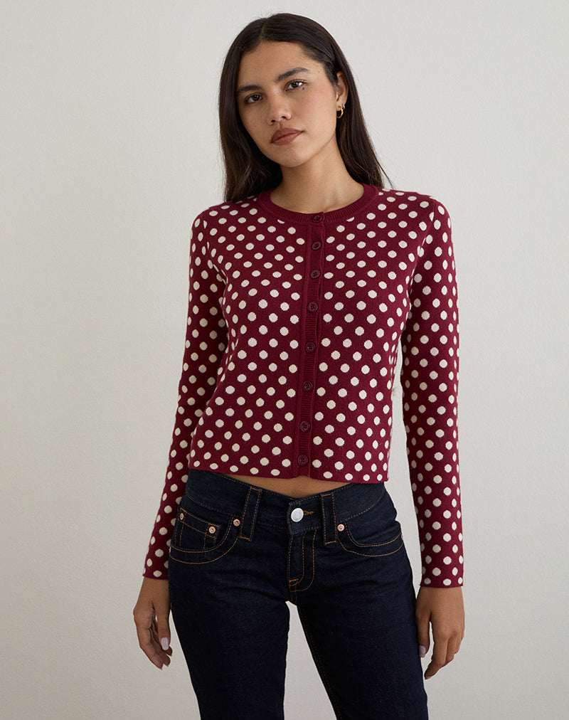 Bhavina Cardigan in Burgundy with Cream Polka Print