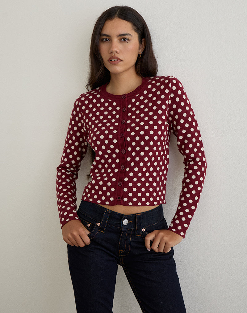Bhavina Cardigan in Burgundy with Cream Polka Print