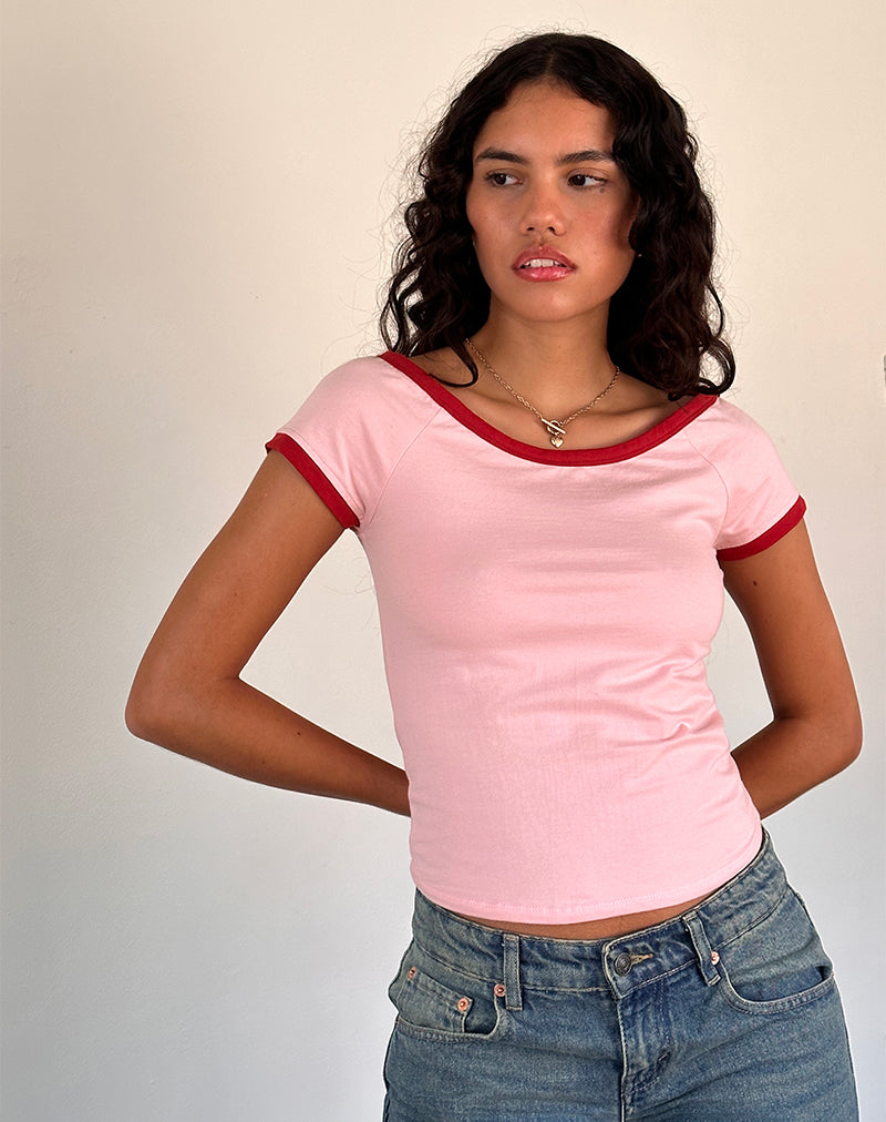 Bitha Top in Ballet Pink with Adrenaline Red Binding