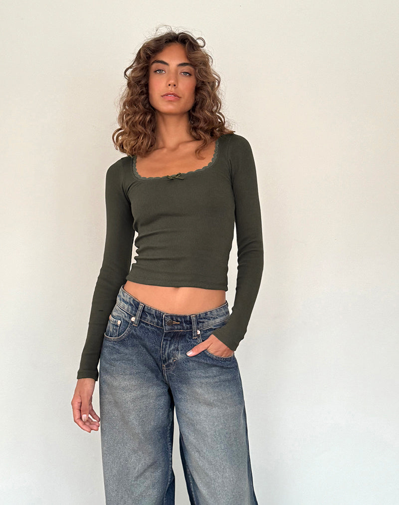 Bovita Long Sleeve Ribbed Top in Olive