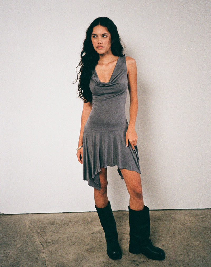 Briar Waterfall Mini Dress in Cupro Grey