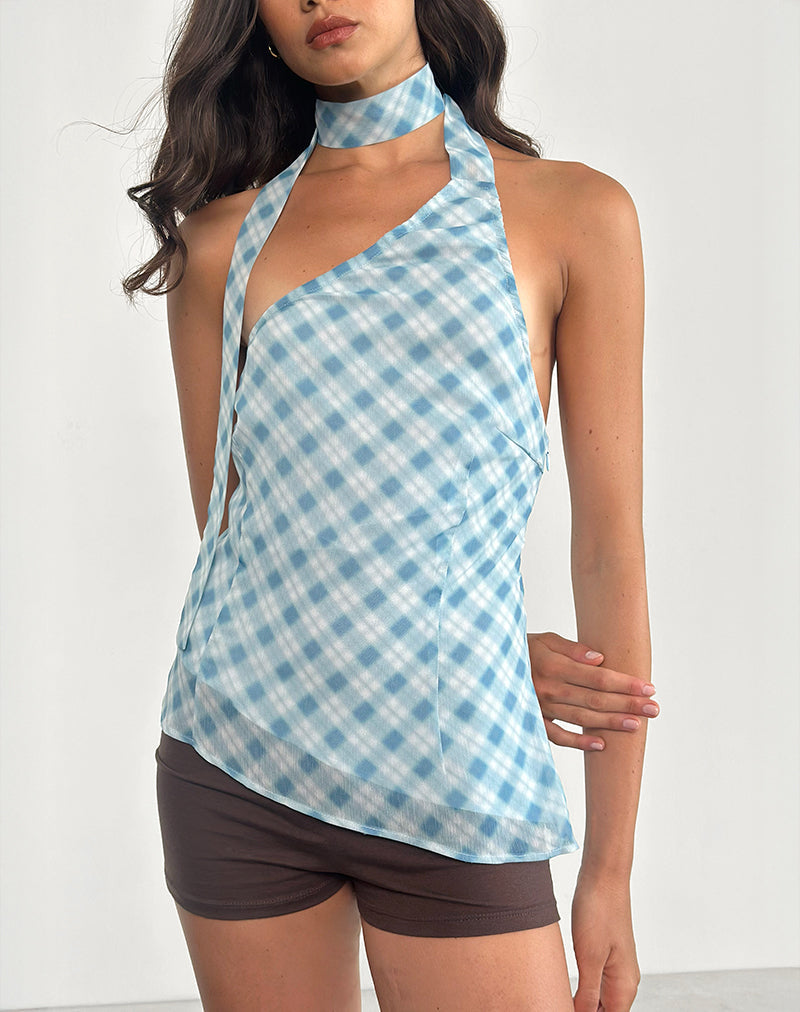 Briva Neck Tie Top in Blurred Check Blue