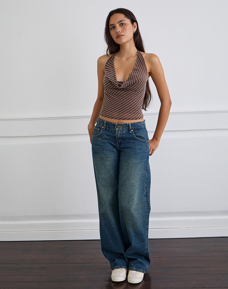 Bujou Cowl Top in Diagonal Stripe Flocked Brown and Cream