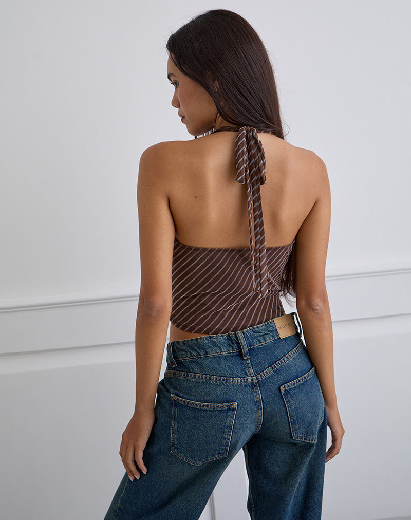 Bujou Cowl Top in Diagonal Stripe Flocked Brown and Cream