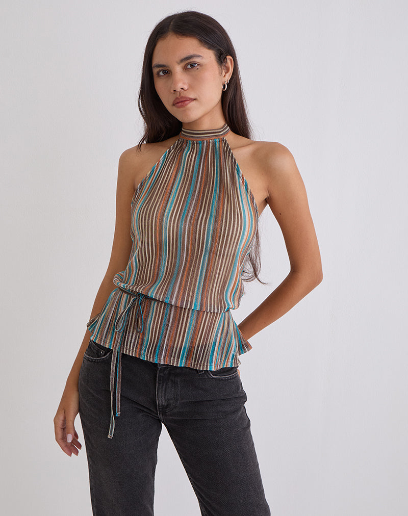 Brienne Top in Blue and Brown Shimmer Sheer Plisse
